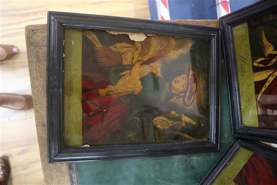 A part set of three reverse prints on glass, Spring, Summer and Winter, 35 x 25cm